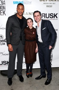 Former Tennessee Titans tight end Vicenthe Shiancoe enjoyed tasting Defiant Whisky while attending Nolcha Fashion Week. Also pictured are fashion designer Katty Xiomara and President of Nolcha Arthur Mandel. 
